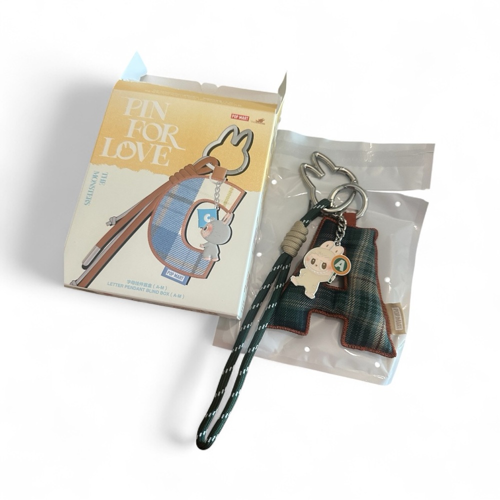 Plaid Labubu Pin For Love Keychain with Letter A and Charm